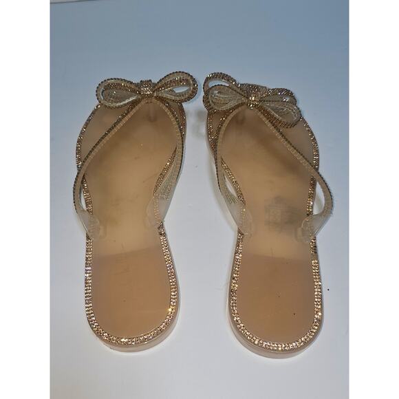 NICOLE MILLER Rose Gold Pink Color Jelly Sandals Rhinestone Bow Accent Size 8 - Picture 3 of 7